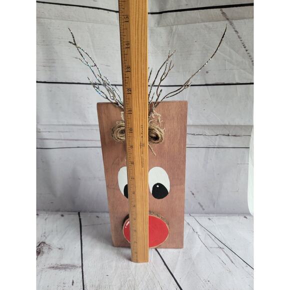 Handmade Handpainted Wooden Rudolph Red Nose Reindeer Decor Christmas Sitter - Picture 4 of 7